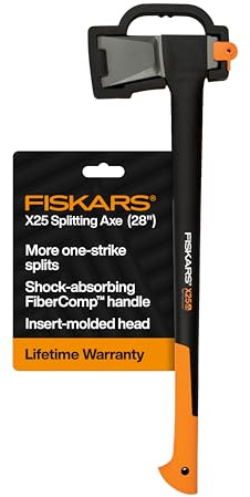Fiskars X25 Splitting Axe, 28 Wood Splitting Axe for Medium to Large Size Logs with Shock Absorbing Handle and Sheath, Split Firewood, Forged Steel Blade, Bushcraft Gear and Camping Hatchet