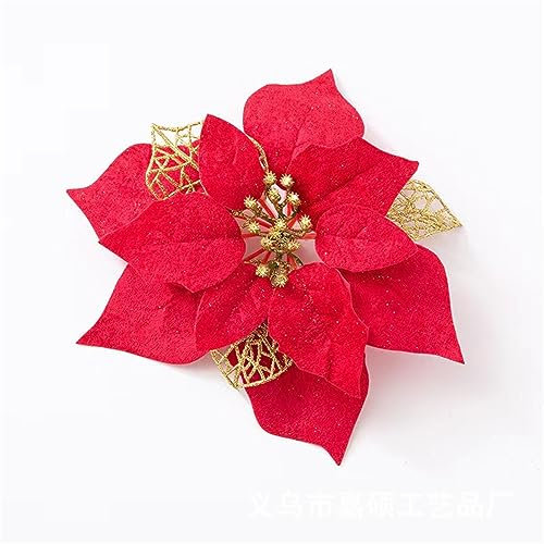 12 Stück Glitzer Weihnachten Blumen mit Clip Weihnachtsbaum Dekoration, Rot Weihnachtsbaumschmuck Ornament Christbaumanhänger 22cm