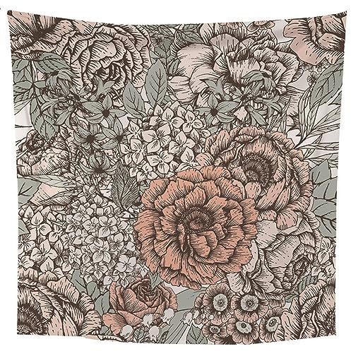Lieson Wandteppich Blumen Muster, Wandtuch Grau Rosa Wandbehang für Wohnzimmer Tagesdecke Zimmer Schlafzimmer, 300x256CM