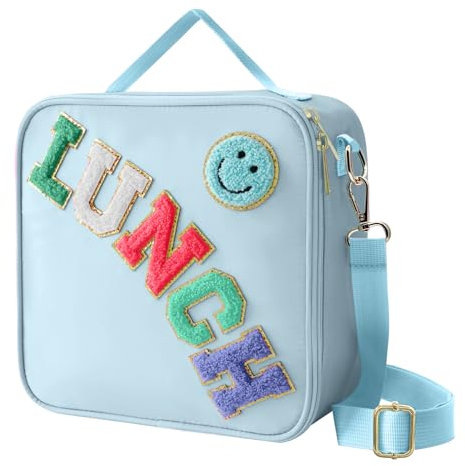 Insulated Lunch Bag With Adjustable Shoulder Strap, Nylon Preppy Lunch Box Large Insulated Lunch Bag Reusable Lunch Tote Bag with Smiley Preppy LunchBag for Girls School Travel Picnic (Blue)
