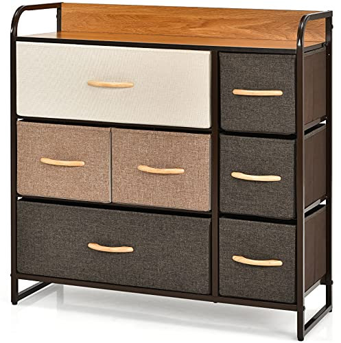 GIANTEX Schubladenschrank Komodenschrank, Kommode mit Schubladen Stoff, Kommoden Sideboards Stahlrahmen & Holzplatte, Aufbewahrungsschrank Schrank Schlafzimmer (Bunt Braun, 7 Schubladen)