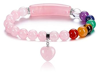 GEHECRST Edelstein 7 Chakra Armband mit Herz Anhänger Steine Armband Lluorit Rosenquarz Armband Elastisches Armband Healing Reiki Energietherapie Glückbringen Edelstein (Rosenquarz)