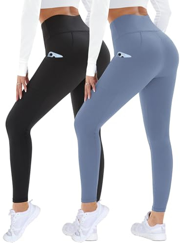 DDOBB 2 Pack Leggings for Women Black Gym Leggings with Pockets | Tummy Control Stretchy High Waist Pants Trousers for Fitness Yoga Running Regular Plus Size