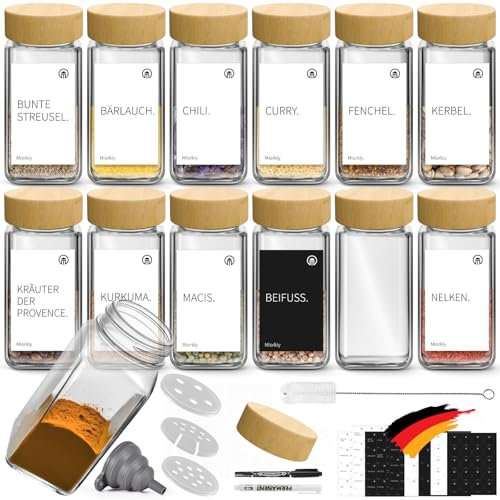 Miorkly Tarros de especias rectangulares con bandeja para esparcir, juego de 12 unidades, 120 ml, tapa de madera, tarros de especias de bambú, con accesorios esparcidores, embudos,