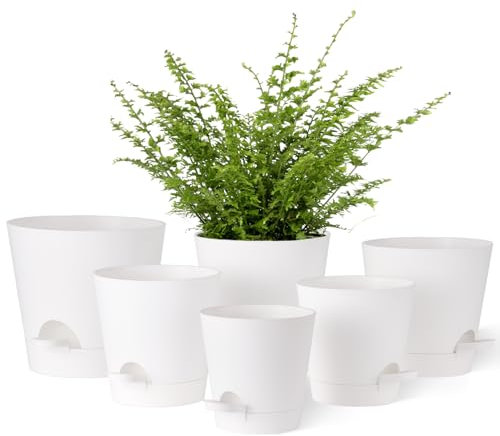 Gardrium Lot de 6 Pots de Fleurs en Plastique (20,3-17,8-16,5-15,2-14-12,7 cm) - avec Trous de Drainage - pour l'intérieur et Le Balcon - Blanc