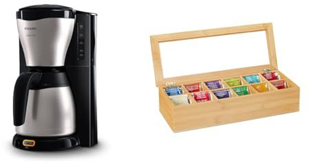 Philips Filterkaffeemaschine – 1.2-Liter-Thermoskanne & Relaxdays Teebox, Bambus, 12 Fächer, Teekiste mit Sichtfenster, Organizer für Teebeutel, HxBxT: ca. 9x41x16 cm, natur