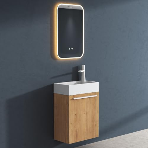 doporro Badmöbel-Set Waschbecken Unterschrank Kerneiche 46cm LED-Spiegel | Badezimmer-Set Waschplatz Waschbecken Waschtisch mit Unterschrank – platzsparend für Gäste-WC & kleine Bäder Pisa