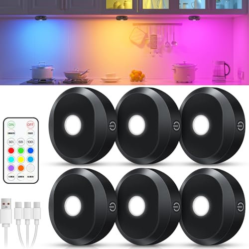 WILLED Vitrinenbeleuchtung LED,USB Aufladbar LED Spots Akku mit Fernbedienung,RGB Schrankbeleuchtung Kabellos,Magnetisch Unterbauleuchte Küche, Indirekte Beleuchtung mit Timer Funktion (6er Pack)