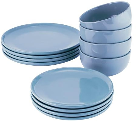 ProCook Stockholm Blue Dinner Set Stoneware Scandinavian Style Flat Base Dishwasher, Microwave & Oven Safe Dinnerware 12 Piece, 15.5 x 21 x 27 cm