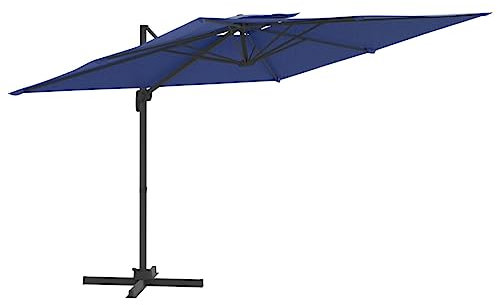 Higsose Parasol de plage avec double toit inclinable avec pied en croix et 15 baleines, bleu, 300x300x258 cm