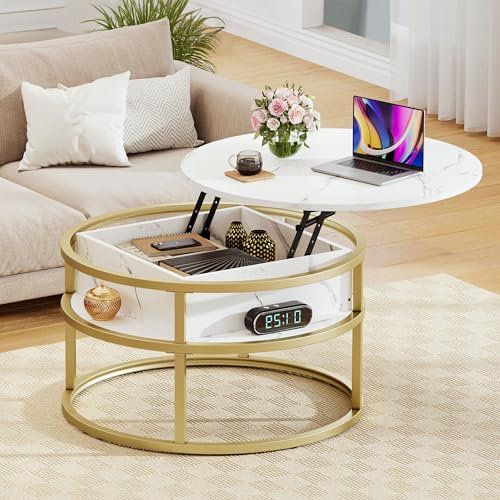DWVO Couchtische für Wohnzimmer, runder Couchtisch, Couchtisch mit Ablagefläche und verstecktem Fach, rustikaler Couchtisch, Kleiner runder Couchtisch, Holz-Mitteltisch, Weiß und Gold