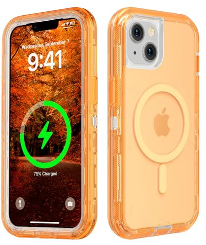 Follaroma for iPhone 13 Case, Compatible with MagSafe, Dual Layer Transparent Magnetic Phone Cases, Heavy Duty Shockproof and Anti-Drop Protective Cover for iPhone 13, 6.1'', Orange