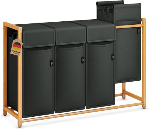 AdelDream Wäschekorb Kleidersortierer Fächer Wäschewagen mit abnehmbaren Taschen Kleidersammler Bambus Dunkelgrau
