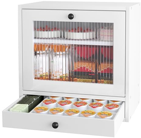Alpeir Contenitore per pane in legno, grande 2 ripiani, con finestra magnetica in acrilico e cassetto, angolo di lavoro, cucina, contenitore per snack e frutta, bianco