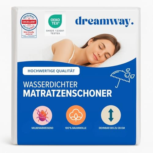 Dreamway Matratzenschutz 140x200 Wasserdicht Öko-TEX Zertifiziert - Matratzenschutz 140x200, Baumwolle, Atmungsaktiv mit 4 Eckgummis, Waschbar bei 60°C