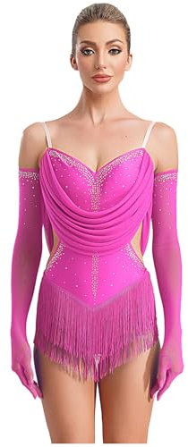 renvena Donna Abito da Ballo Latino Americano con Nappa Frange Body da Pattinaggio Artistico + Guanti Lunghi Leotards Danza Classica Costume Danza del Ventre Rosa caldo M