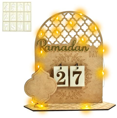 Ramadan Deko Aus Holz, LED Ramadan Kalender, Mubarak Kalender, Ramadankalender Kinder, Geeignet für Den 30-Tägigen Countdown Zum Ramadan, Eid-Dekoration/B