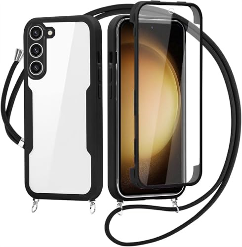 FERLAN Coque avec Cordon pour Samsung Galaxy S23, Collier Ajustable,Coque Antichoc Housse avec Protection écran, 360° Protection Case Robuste Double Bumper Etui Intégrale (Noir)