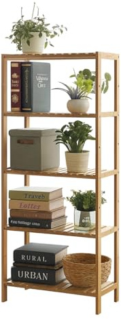 Neo 5 Tier Bamboo Storage Shelf Shelves Rack Adjustable Multi-Purpose Rack Shoes Plants Bathroom Kitchen Hallway Room Organiser Unit (Natural)