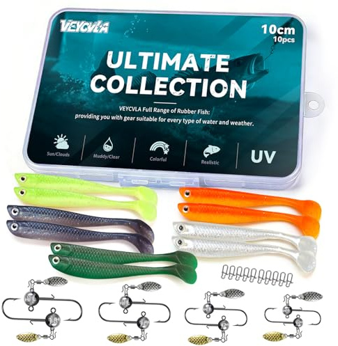 VEYCVLA Gummifische Angelköder für Forelle Zander Barsch,Kunstköder Angelausrüstung 10cm Gummiköder Angelsets Jigköpfe für Jighaken mit Round Kopf,Angelgeschenke für Männer