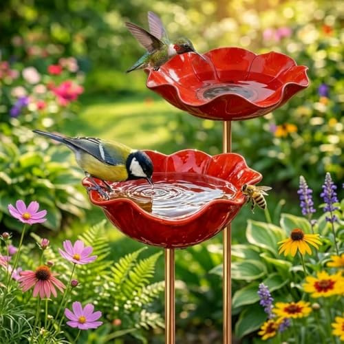 Lot 2 Bain d'oiseaux,Abreuvoir pour Oiseaux d'Extérieur en Forme de Fleur | Mangeoire pour Oiseaux d'Extérieur avec Socle,pour Oiseaux et Abeilles,Piquet métallique,Alimentation et Abri pour Oisea