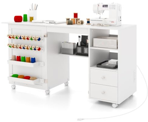 COSTWAY Nähtisch auf Rollen, klappbarer Nähmaschinenschrank mit Ladestation | Nähschrank mit 2 Schubladen, 2 Fächern & offene Regale, Nähmaschinentisch für Wohnzimmer & Arbeitszimmer