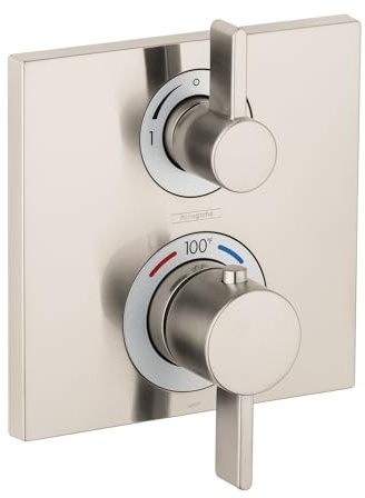 hansgrohe Ecostat Square Modern 2-Griff 15,2 cm breit Temperaturspeicher Thermostatventil Umsteller in Nickel gebürstet 15714821 Druckausgleichsverkleidung