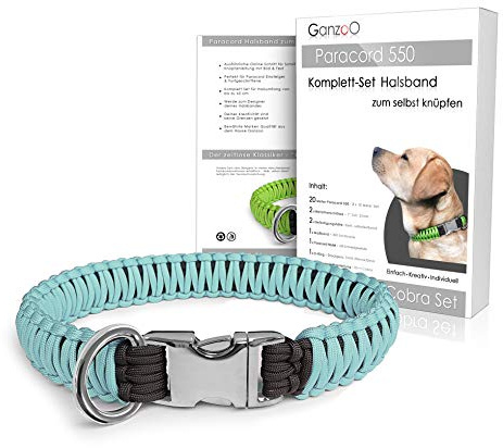 Ganzoo Paracord 550 Hunde-Halsband Set DIY Knüpfset zum Selbstknüpfen, Bastelset Himmelblau, 2 Farben für bis ca 65 cm Halsumfang, 2 Metall-Klickverschlüsse 1 Zoll, Stahl D-Ring 40 mm