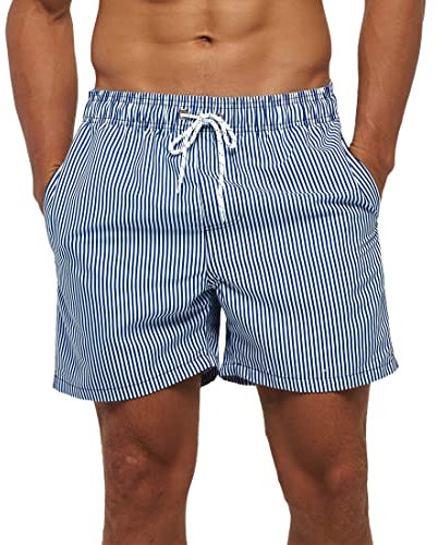 HLVEXH Costume da Bagno da Uomo ad Asciugatura Rapida Boardshort con Tasche Hawaii Costumi Uomo Pantaloncino Strisce Verticali Bianche Blu XL