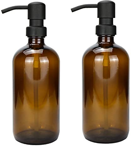Plomkeest 2er Pack Bernstein Dickes Glas 500ml Seifenspender aus Glas mit schwarzer rostfreier Edelstahlpumpe Flüssigseifenspender für Badezimmer