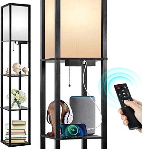 OUTON Stehlampe Regal mit Fernbedienung, Dimmbar & 4 Farbtemperatur Einstellbar, 1H Timer, LED Stehleuchte mit 2 USB Anschlüsse, Stehlampen mit Lampenschirm für Wohnzimmer, Schlafzimmer, Büro,Schwarz