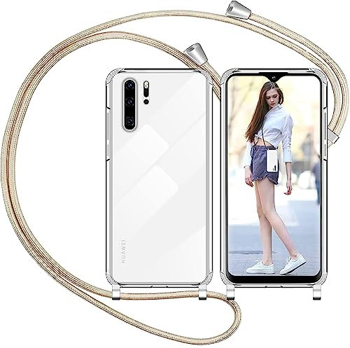 Nupcknn Handykette Hülle für Huawei P30 Pro Hülle TPU Bumper+PC Back Necklace(abnehmbar) Transparent Hülle mit Kordel zum Umhängen Handy Schutzhülle mit Band(Golden)