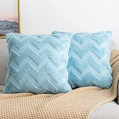 Yamonic Wolle Kissenbezüge Weich Dekokissen Welle Polyster Sofakissen Couchkissen, Kissenbezug mit Verstecktem Reißverschluss, 2er Set Zierkissenbezug für Wohnzimmer Schlafzimmer, 50x50cm, Hellblau
