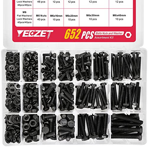 YEEZET 652 Pcs M4 M5 M6 Schrauben Sechskantschrauben Unterlegscheiben Federringe und Muttern Sortiment Kit (8.8 Kohlenstoffstahl)