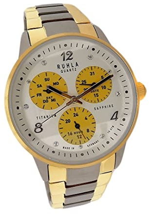 UMR RUHLA Classic Titanuhr Herrenuhr - Ø 35 mm Quarz - Tag/Datum/24h - Saphirglas - Bicolor Titanarmband - weißes Zifferblatt - Made in Germany