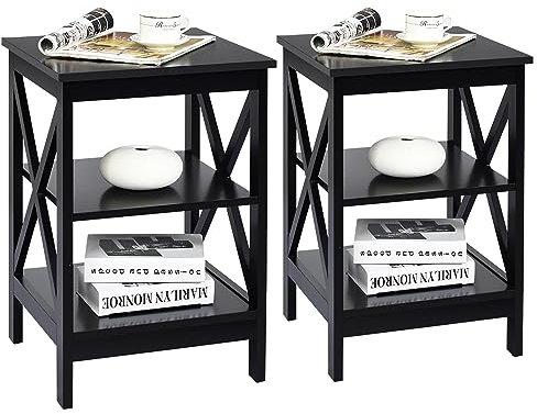 COSTWAY Nachttisch 3 Ebenen, 2er Set Beistelltisch Nachtschrank, Sofatisch Couchtisch für Schlafzimmer, Wohnzimmer 40x40x61cm (X-förmig, Schwarz)