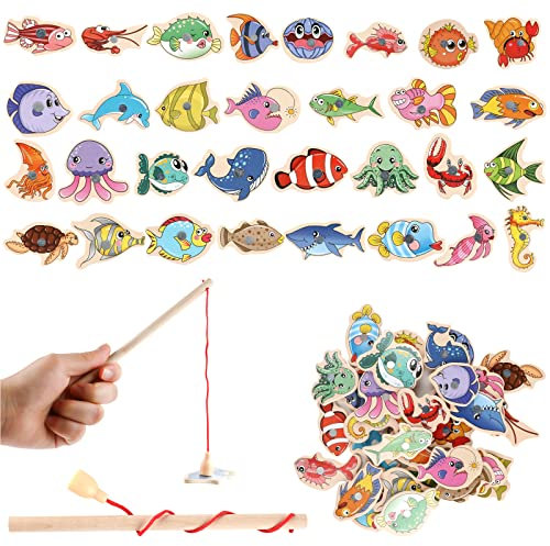 Tikplus Magnetic Fishing Games for Kids, 33 Pcs Wooden Fish Educational Toys with Magnetic Rod, Magnets Learning Games Fishing Game for Kids Learning Sea Animals