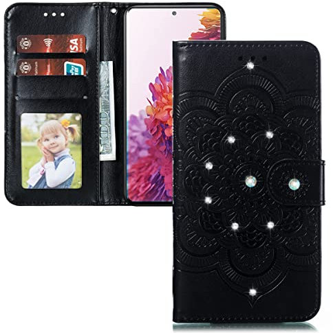 LEMAXELERS LG K50 Hülle, Glitzer Diamant Mandala-Blumen Flip Case PU Leder Schutzhülle, Magnet, Standfunktion, Schwarz