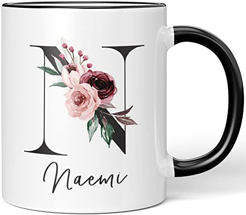 JUNIWORDS Tasse, Naemi, Name Anfangsbuchstabe Initial Alphabet Floral Buchstabe N Monogramm Motiv, Schwarz (5590916)