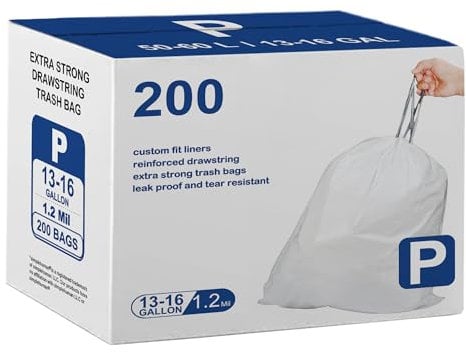 Code P 200 Count Drawstring Trash Bags 1.2 Mil THICK Heavy Duty | White Garbage Can Liners Compatible with simplehuman Code P | 13-16 Gallon / 50-60 Liter Heavy Duty Plastic Trash Bags