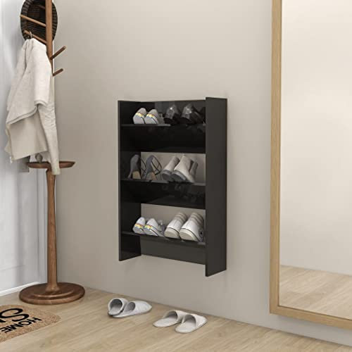 homiuse Wand Schuhschrank 60x18x90 cm mit 3 Kippböden Schuhregal Wandbefestigung Hochglanz Schwarz Schuhbank Shoe Rack Schuhschränke Schuhaufbewahrung Schuhregale Schuh Regal Holzwerkstoff