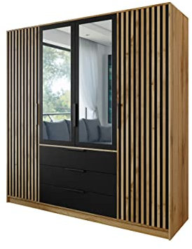 Mirjan24 Drehtürenschrank Bado Lux 4D, Kleiderschrank mit Spiegel und 3 Schubladen, Elegantes Schlafzimmer Schrank mit Spiegeltüren, Jugendzimmer (Eiche Wotan/Schwarz + Eiche Wotan)