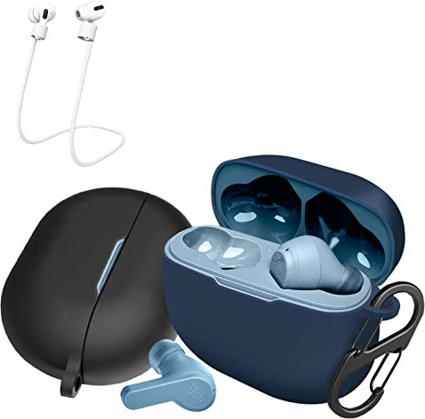 [2-Pack] easyBee Hülle Kompatibel mit Soundcore P3i, mit 2 Karabiner 2 Anti-Verlust-Gurte, Flüssiges Silikon Case Ultradünn Stoßfest Schutzhülle Bluetooth Kopfhörer Tasche - Schwarz und Blau