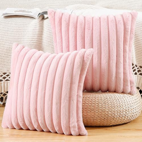 Madizz 2 Pezzi Federe in Lana Corta Velluto Copricuscini Morbido Decorativo Fodere per Cuscino Lusso Stile per Divano Camera da Letto Rosa 65 x 65 cm