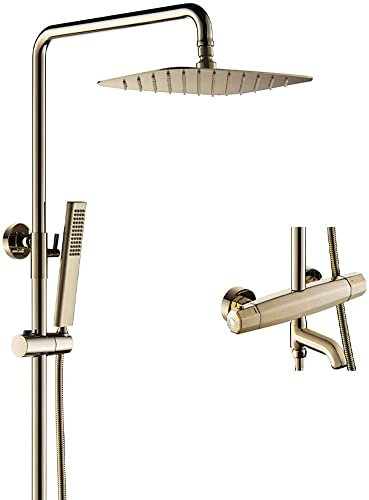 DERBUT Duschsystem, Thermostat Gold DREI Funktionen Wandbrausegarnitur Messing Badewanne Umsteller Mischbatterien mit 10 * 8 Zoll Regenduschkopf und Handbrause, Luxus SHO