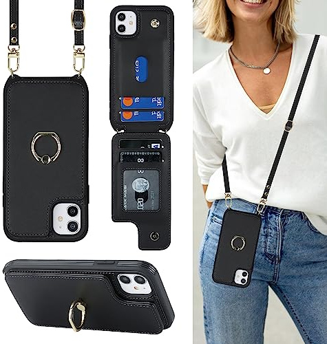 Cavor Phone Case compatible with iPhone 11 With Card Holder With Lanyard Strap,Flip Leather Wallet Case,Ring Kickstand Shockproof Cover Case compatible with iPhone 11 - Black