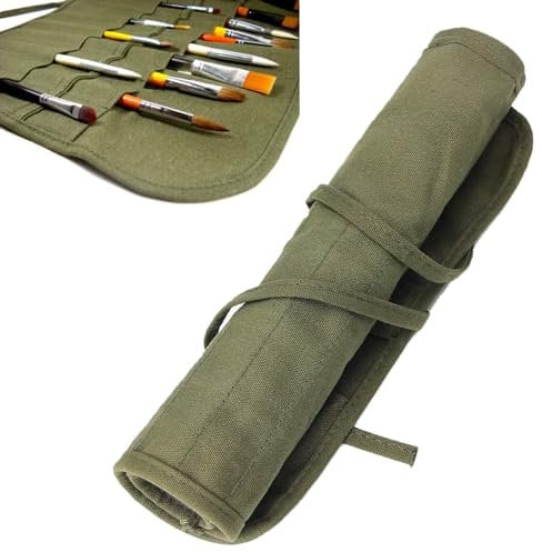 1Pcs 22 Slots Paint Brush Holder Storage Art Brush Roll Canvas Pouch,Artist Paint Brush Holder Roll Up Brush Bag Case Paint Storage Canvas Pouch for Watercolor Gouache Art Paint Brushes (Army Green)