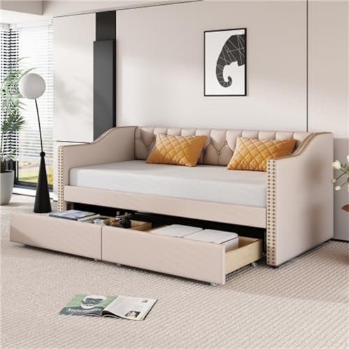 Tcewhhy Polsterbett 90x200 Kinderbett Mit 2 Herausnehmbaren Schubladen Schlafsofa Tagesbett Für Erwachsene Und Jugendliche Stauraumbett Gästebett Jugendbett Beige