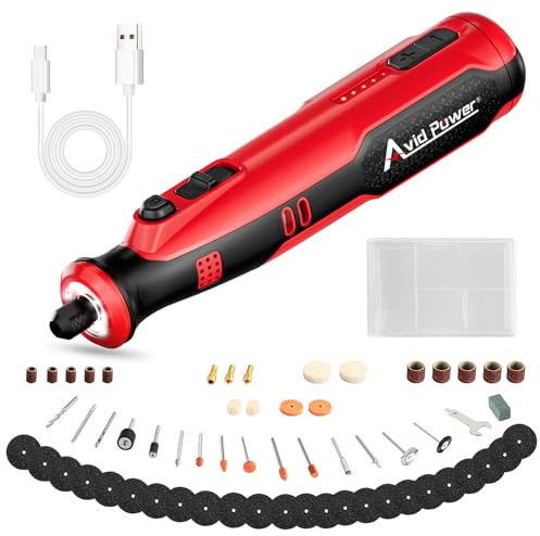 AVID POWER 8V Cordless Rotary Tool 5 Speeds Dog Nail Grinder 4 LED Lights | 5,000-25,000 RPM, 1/8 Chuck, 60Pcs Rotary Tool Accessories, Carving/Sanding/Polishing - Light Red