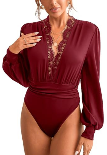 CUPSHE Women's Bodysuit Lace Plunge V-neck Trim Long Sleeve Bodysuit Party Shirred Bottoming Blouse Tops Burgundy M